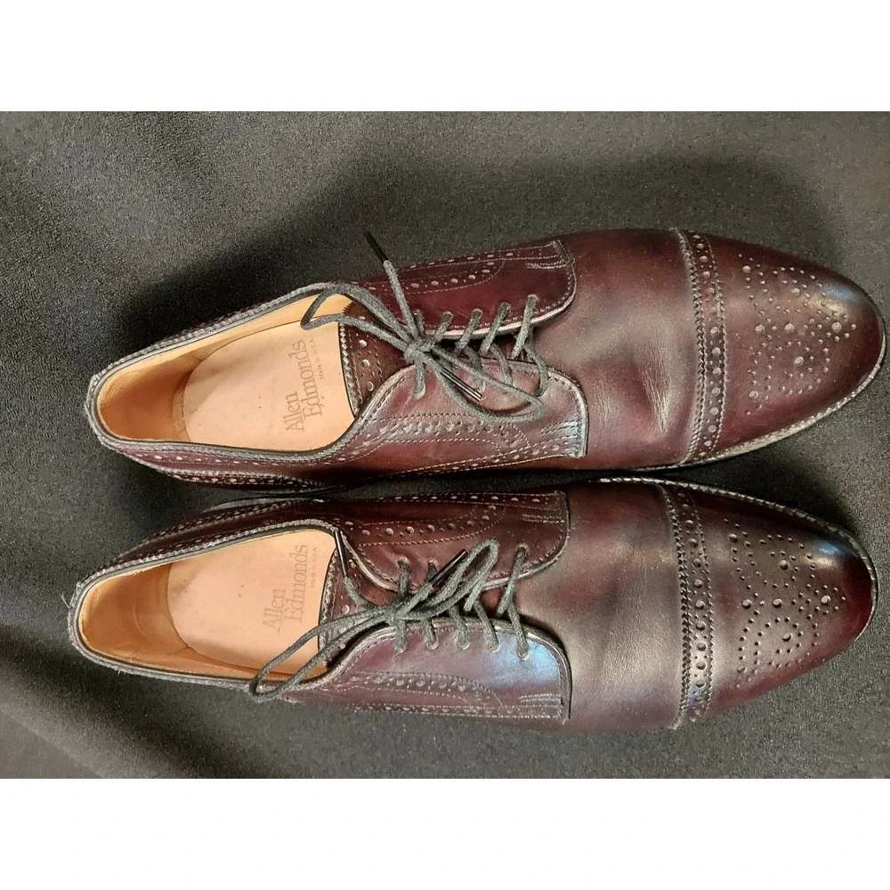 Allen Edmonds Sanford 5277 Burgundy Leather Cap Toe Brogue Derby SANFORD 8.5 E